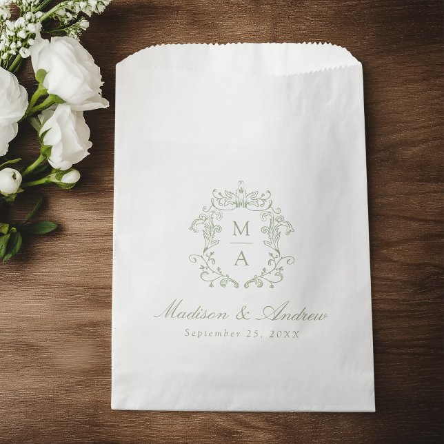 Elegant Sage Chinoiserie Crest Monogram Wedding Favour Bag (Creator Uploaded)