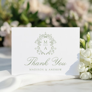 Elegant Sage Chinoiserie Monogram Crest Wedding Thank You Card