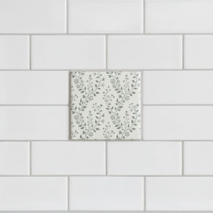 Elegant Sage Cream Minimalist Boho Floral Pattern Ceramic Tile