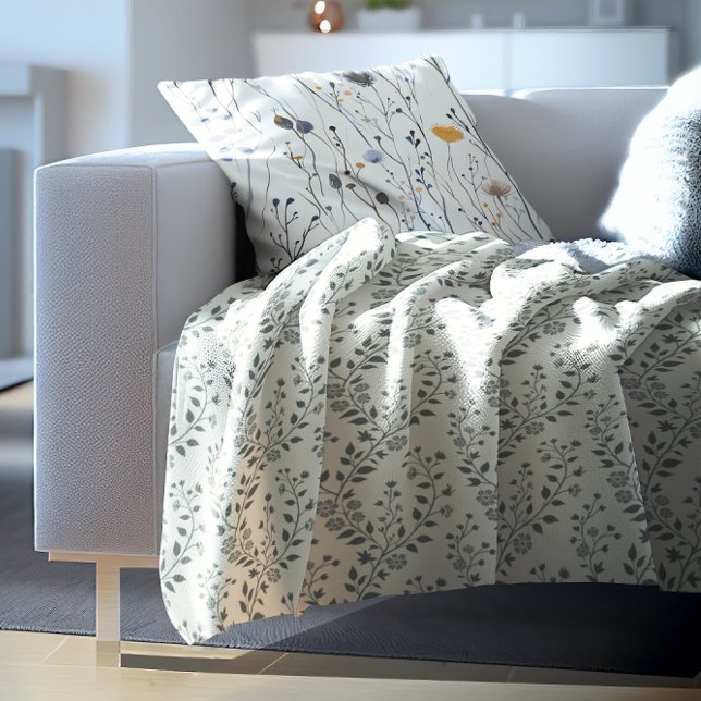 Elegant Sage Cream Minimalist Boho Floral Pattern Fleece Blanket (Creator Uploaded)