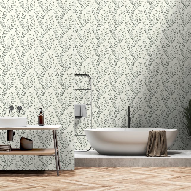 Elegant Sage Cream Minimalist Boho Floral Pattern Wallpaper (Bathroom)
