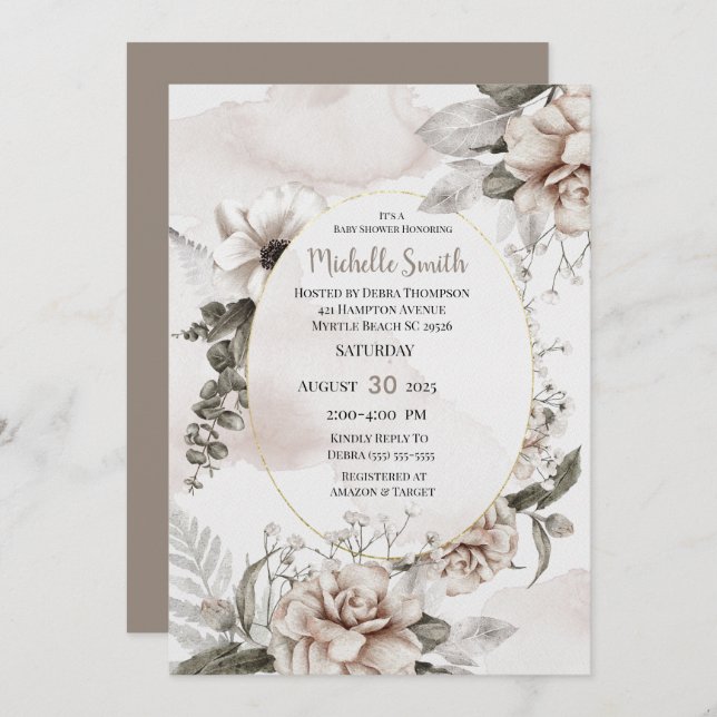 Elegant Sage Cream Watercolor Floral Baby Shower Invitation (Front/Back)
