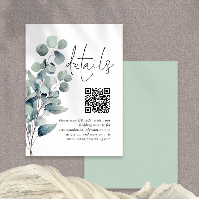Elegant Sage Eucalyptus QR Code Wedding Details Enclosure Card (Front and back view)
