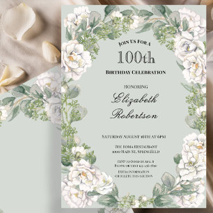 Elegant Sage Floral Border Women's 100th Birthday Invitation