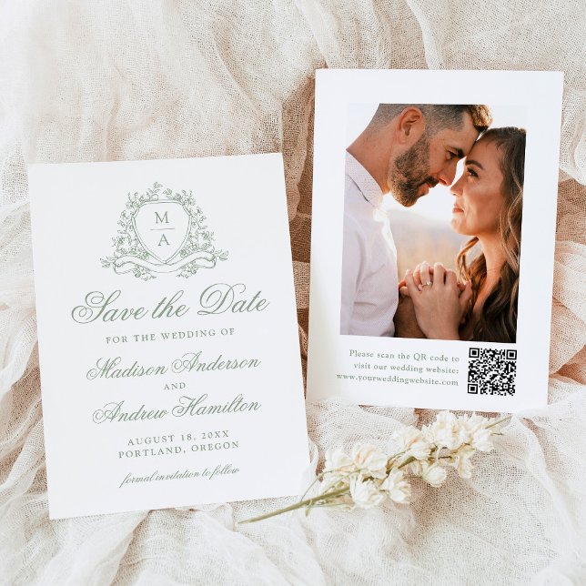 Elegant Sage Floral Crest Monogram Photo Wedding Save The Date (Creator Uploaded)