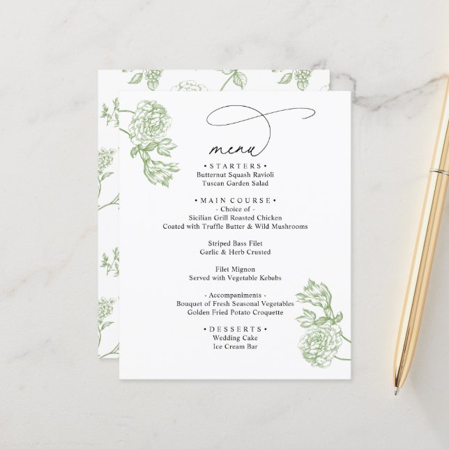 Elegant Sage Floral Modern Script Wedding Menu (Front/Back In Situ)