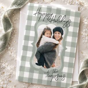 Elegant Sage Gingham Family Photo Christmas Holiday Card