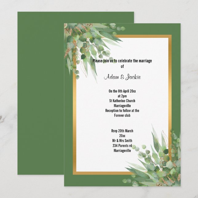 ELEGANT SAGE GOLD EUCALYPTUS WEDDING INVITATION (Front/Back)