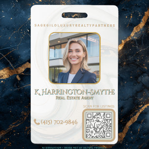 Elegant Sage Gold Realtor Photo ID/QR Code Contact ID Badge