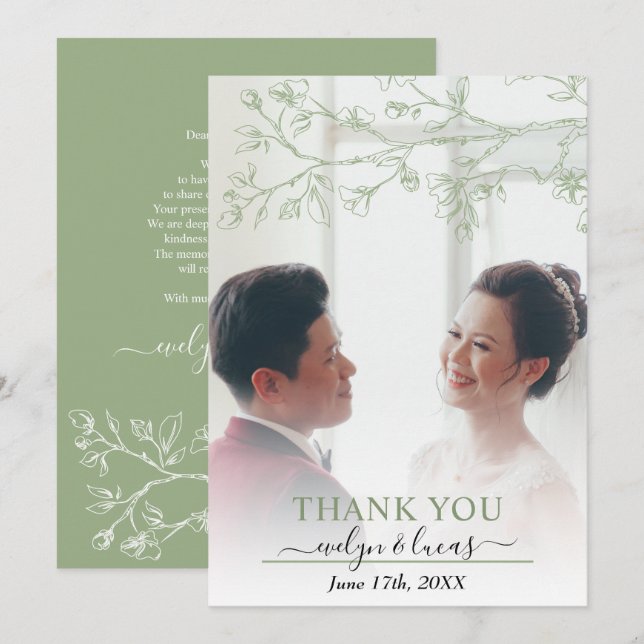 Elegant sage gree, white blossoms wedding photo thank you card (Front/Back)