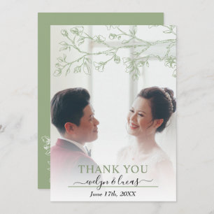 Elegant sage gree, white blossoms wedding photo thank you card