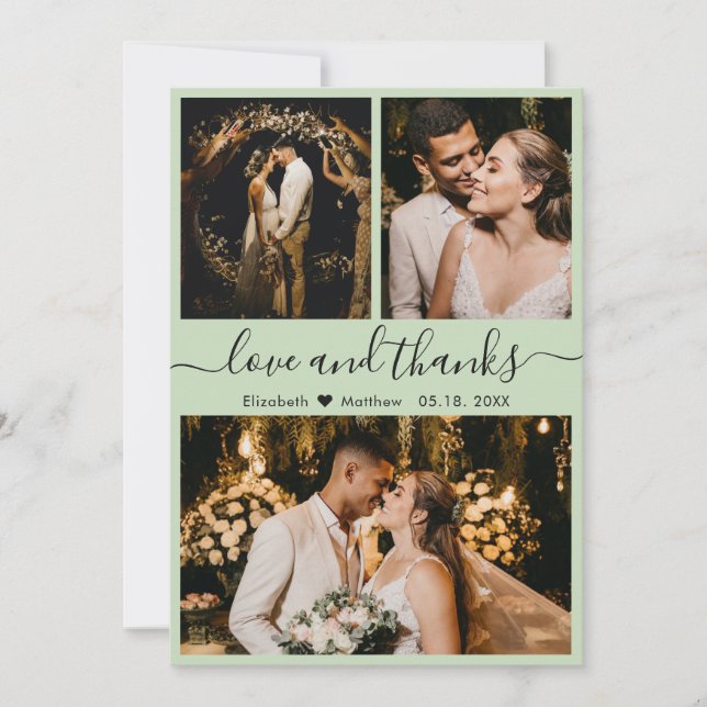 Elegant Sage Green 3 Photo Collage Wedding Thank You Card (Front)