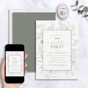 Elegant Sage Green 50th Birthday Floral Line Art Invitation