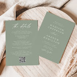 Elegant Sage Green All In One QR Code Wedding Invitation<br><div class="desc">Elegant, all-in-one wedding invitations featuring your names and wedding ceremony information on the front in white lettering with a sage green background. A modern calligraphy script completes the look of this chic sage green wedding invitation. Personalise the back of the calligraphy wedding invitations with wedding details such as reception information,...</div>