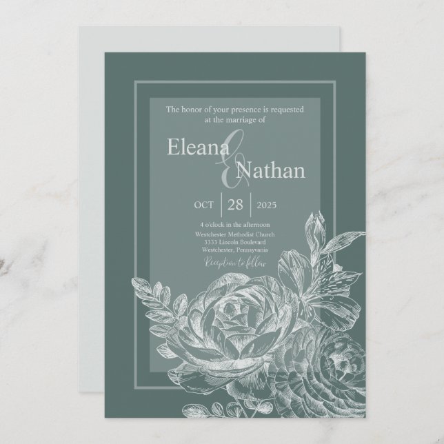 Elegant Sage Green and Botanical Floral Wedding Invitation (Front/Back)
