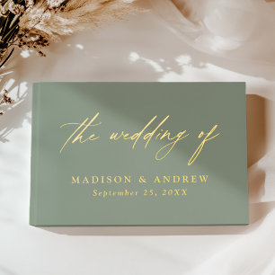 Elegant Sage Green and Gold Calligraphy Wedding Guest Book