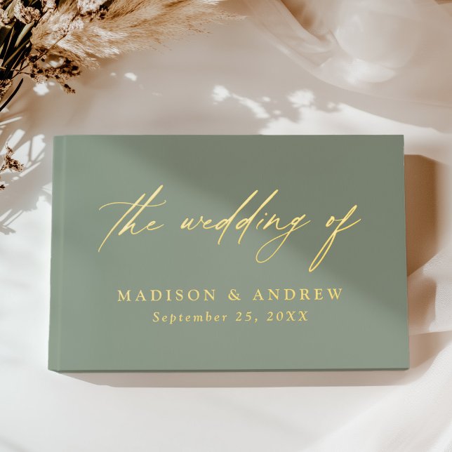 Elegant Sage Green and Gold Calligraphy Wedding Guest Book (Creator Uploaded)