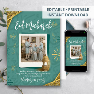 Elegant Sage Green and Gold Eid Mubarak Photo Card
