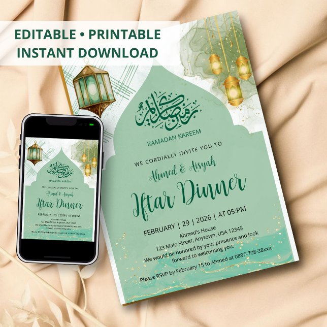 Elegant Sage Green and Gold Lantern Iftar Dinner Invitation (Creator Uploaded)