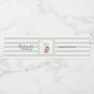 Elegant Sage Green and Gold Photo Christening Water Bottle Label
