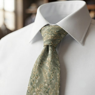 Elegant Sage Green and Gold Watercolor Botanical Tie