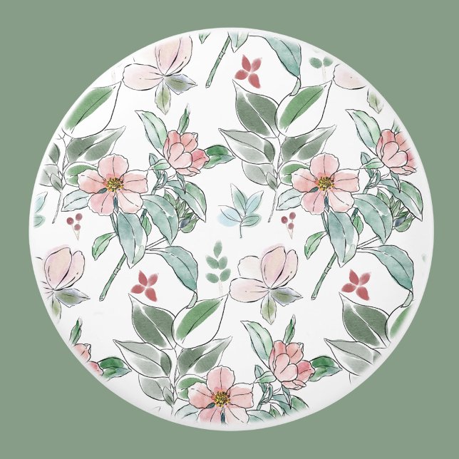 Elegant Sage Green and Pink Floral Pattern Ceramic Knob (Creator Uploaded)