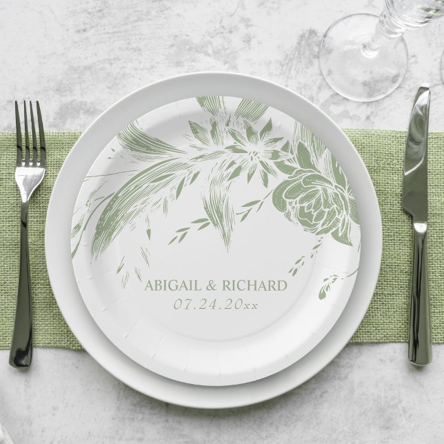 Elegant sage green and white flowers wedding paper plate (Creator Uploaded)
