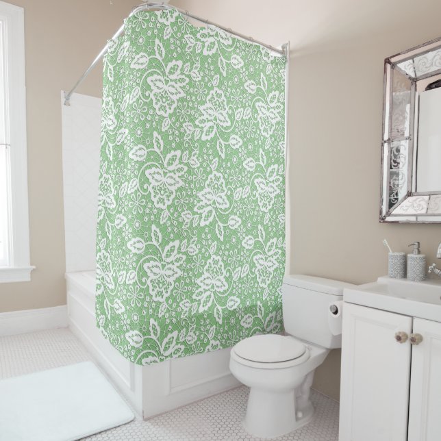 ELEGANT SAGE GREEN AND WHITE LACE SHOWER CURTAIN (In Situ)