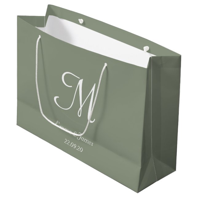 Elegant Sage Green and White Monogram Name  Large Gift Bag (Front Angled)