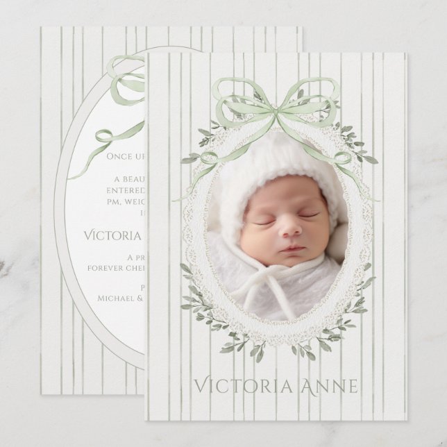 Elegant Sage Green Baby Girl Birth Announcement (Front/Back)