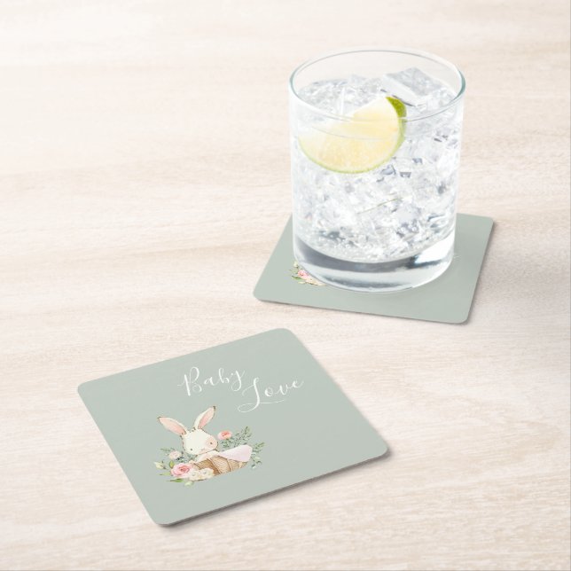 Elegant Sage Green Baby Love Baby Shower Square Paper Coaster (Insitu)