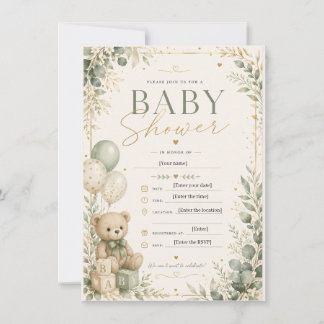 Elegant Sage Green Baby Shower Invitation | Teddy
