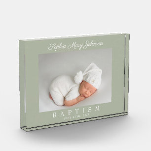 Elegant Sage Green Baptism Keepsake Photo Block