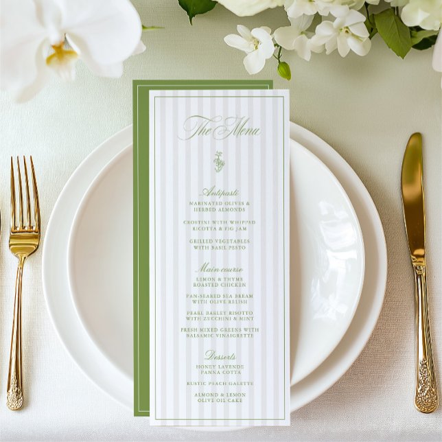 Elegant Sage Green & Beige Striped Wedding Menu (Elegant Sage Green & Beige Striped Wedding Menu)