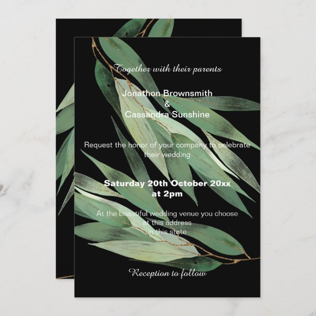 ELEGANT SAGE GREEN BLACK EUCALYPTUS WEDDING  INVITATION (Front/Back)