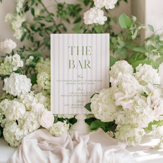 Elegant Sage Green & Blue Striped Wedding Bar Sign Invitation (Elegant Sage Green & Blue Striped Wedding Bar Sign)