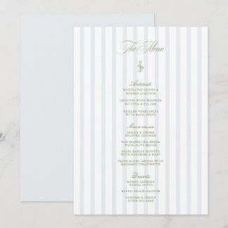 Elegant Sage Green & Blue Striped Wedding Menu Invitation