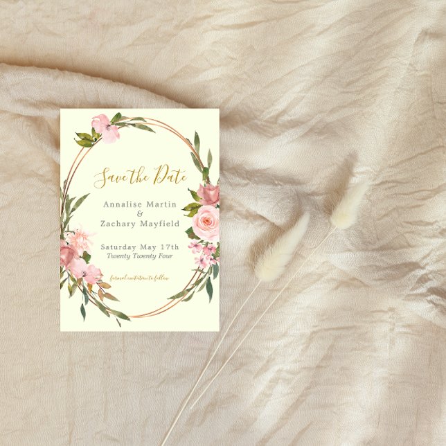 Elegant Sage Green Blush Pink Floral Gold Wedding Save The Date (Creator Uploaded)