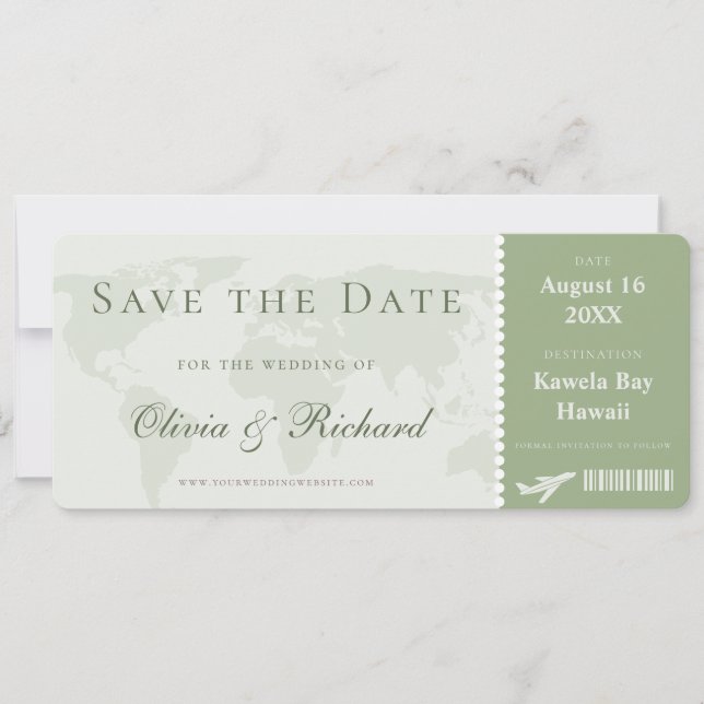 Elegant Sage Green Boarding Pass Save the Date Invitation (Front)