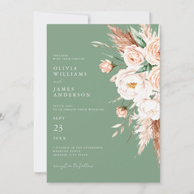 Elegant Sage Green Boho Floral Fall Wedding  Invitation (Front)