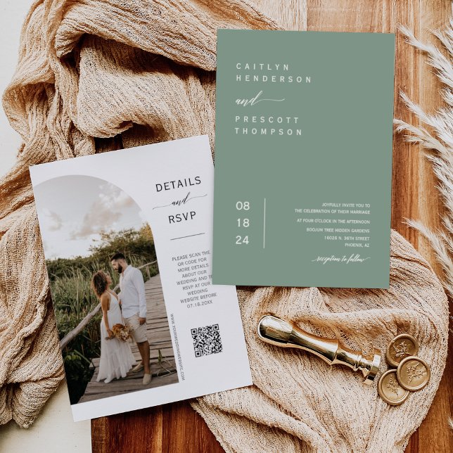 Elegant Sage Green Boho Photo QR Code Wedding  Inv Invitation (Creator Uploaded)