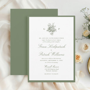Elegant Sage Green Border Monogram Wedding Invitation