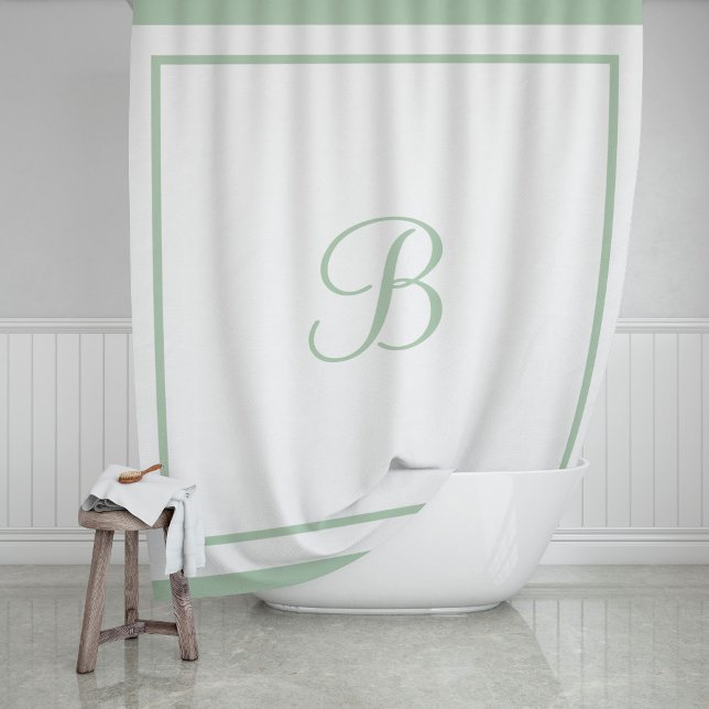 Elegant Sage Green Border Script Monogram Shower Curtain (Creator Uploaded)