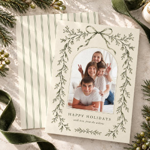 Elegant Sage Green Botanical Bow Family Photo Holiday Card