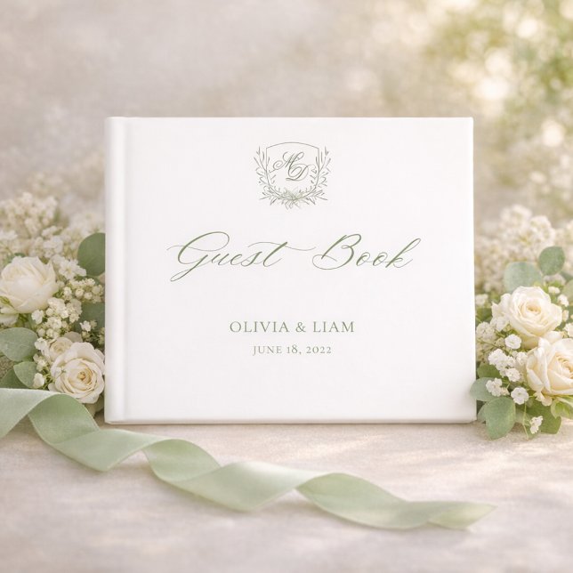 Elegant Sage Green Botanical Crest Wedding Guest Book (Creator Uploaded)