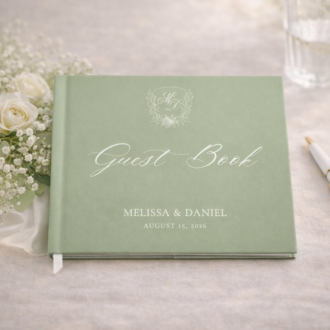 Elegant Sage Green Botanical Crest Wedding Guest Book (Creator Uploaded)