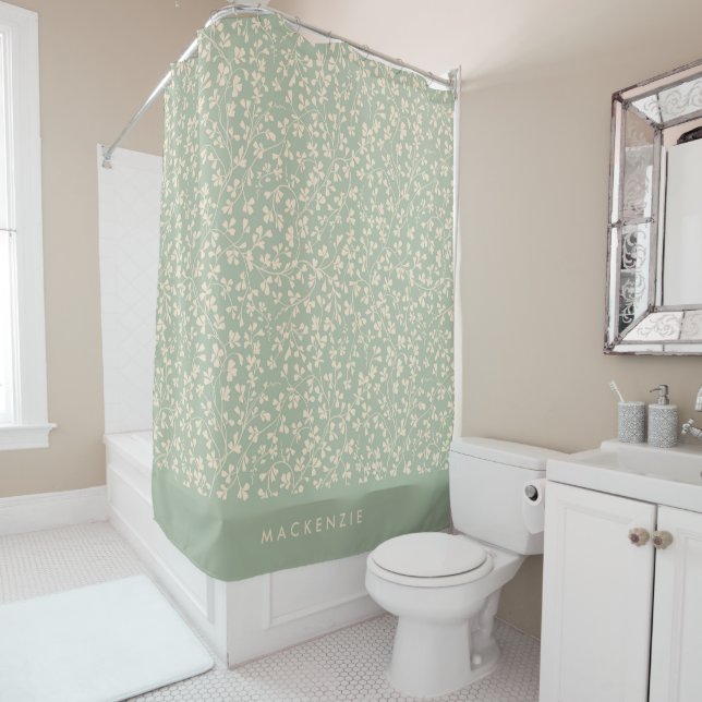 Elegant Sage Green Botanical Personalised Shower Curtain (In Situ)