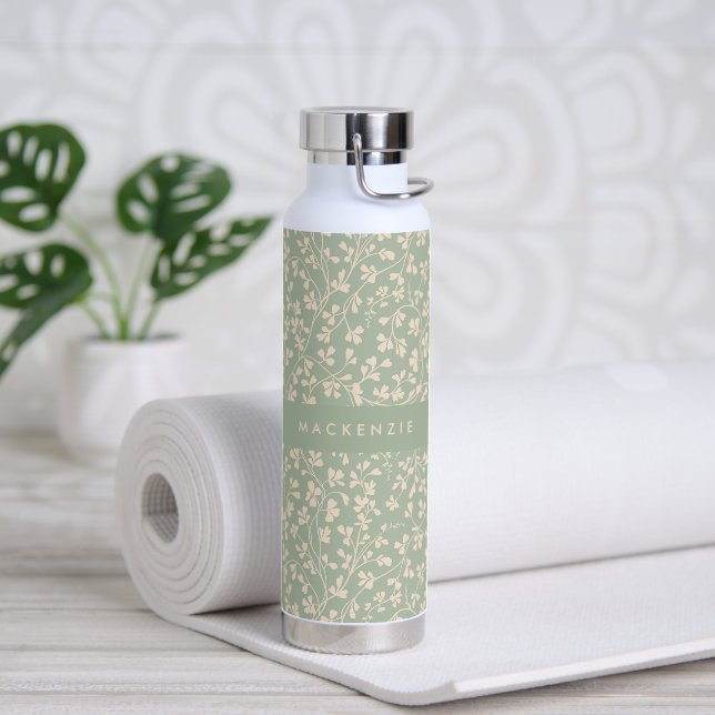 Elegant Sage Green Botanical Personalised Water Bottle (Yoga (Rotated))