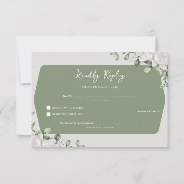 Elegant Sage Green Botanical White Floral Wedding RSVP Card (Front)