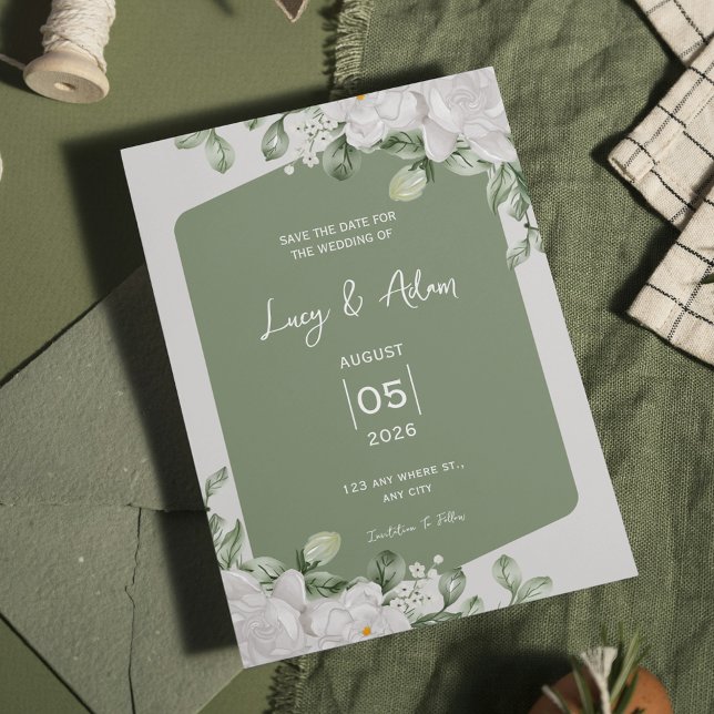 Elegant Sage Green Botanical White Floral Wedding Save The Date (Creator Uploaded)
